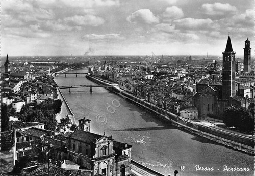 Cartolina Verona panorama dall'alto case fiume ponti 1956