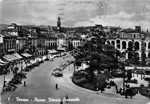 Cartolina Verona Piazza Vittorio Emanuele auto d'epoca 1956
