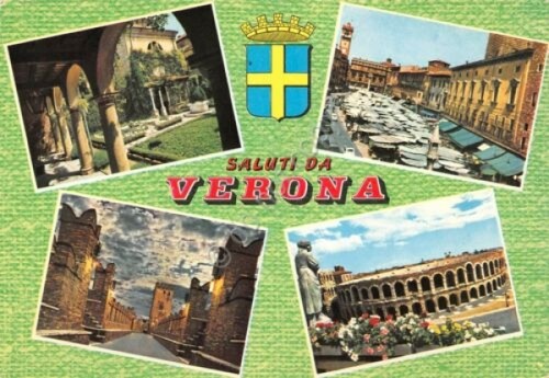 Cartolina Verona vedute con stemma timbro targhetta stradale 1968