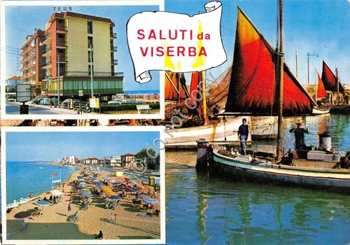 Cartolina Viserba vedutine Hotel Zeus barca pescatori 1970 (Rimini)
