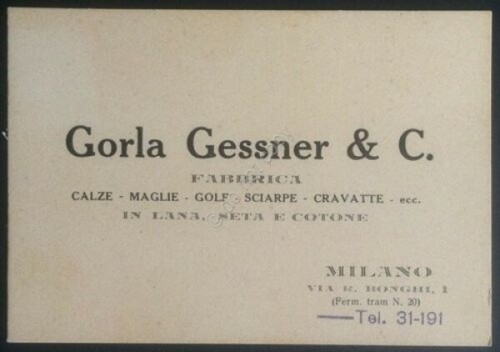 Cartoncino pubblicitario Fabbrica Gorla Gessner - Milano anni '20