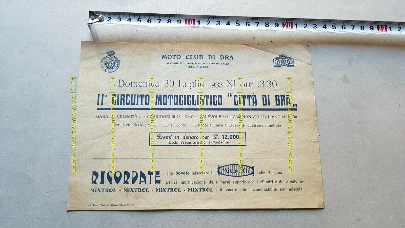 Circuito Motociclistico Città di BRA 1933 depliant originale anteguerra brochure