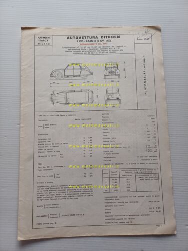 Citroen 2 CV AX 1967 scheda riconoscimento tipo Motorizzazione Facsimile