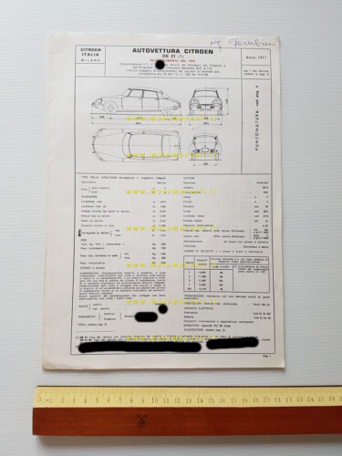 Citroen DS 1971 FACSIMILE scheda riconoscimento tipo Motorizzazione Facsimile