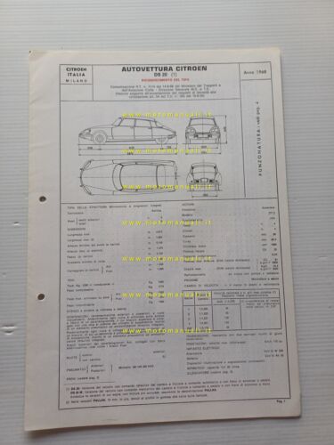 Citroen DS 20 1968 scheda riconoscimento tipo Motorizzazione Facsimile