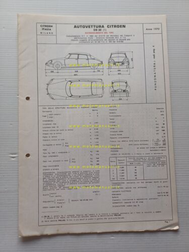 Citroen DS 20 1970 scheda riconoscimento tipo Motorizzazione Facsimile