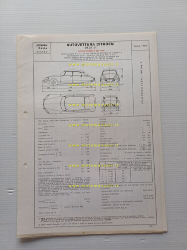 Citroen DS 21 1968 scheda riconoscimento tipo Motorizzazione Facsimile