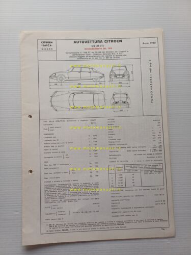 Citroen DS 21 1968 scheda riconoscimento tipo Motorizzazione Facsimile