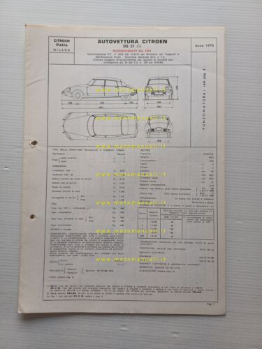 Citroen DS 21 1970 scheda riconoscimento tipo Motorizzazione Facsimile