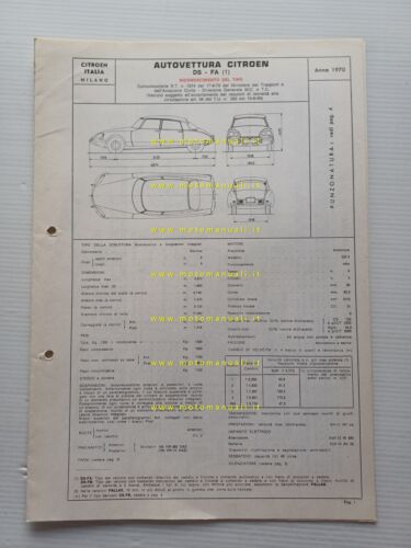 Citroen DS FA 1970 scheda riconoscimento tipo Motorizzazione Facsimile