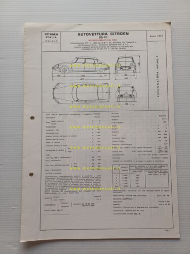 Citroen DS FC 1971 scheda riconoscimento tipo Motorizzazione Facsimile