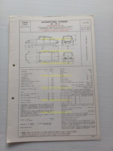 Citroen DS FE 1972 scheda riconoscimento tipo Motorizzazione Facsimile