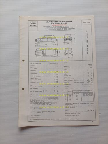 Citroen Dyane AYB A-AM 1968 scheda riconoscimento tipo Motorizzazione Facsimile