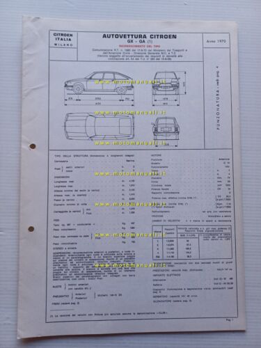 Citroen GS GX-GA 1970 Facsimile scheda Motorizzazione Riconoscimento del Tipo