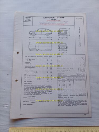 Citroen GS GX-GA 1973 Facsimile scheda Motorizzazione Riconoscimento del Tipo