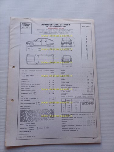 Citroen GS GX-GA Autom. 1970 Facsimile scheda Motorizzazione Riconoscimento Tipo