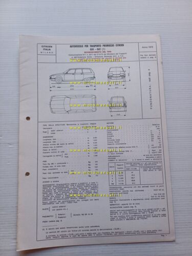 Citroen GS GX-GC 1.2 SW 1972 Facsimile scheda Motorizzazione Riconoscimento …