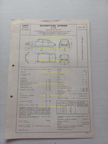 Citroen ID 19 B 1967 scheda riconoscimento tipo Motorizzazione Facsimile