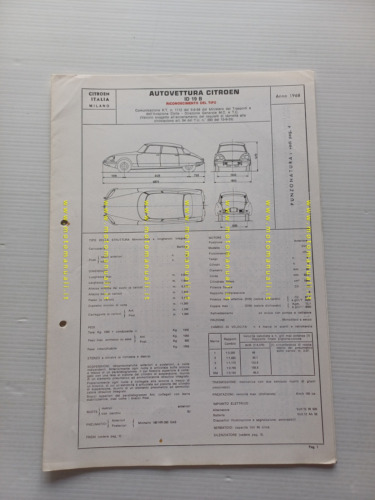 Citroen ID 19 B 1968 scheda riconoscimento tipo Motorizzazione Facsimile