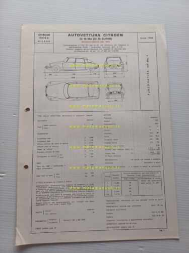 Citroen ID 19 Super 1966 scheda riconoscimento tipo Motorizzazione Facsimile
