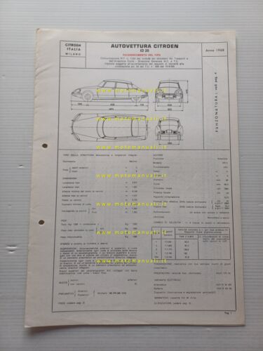 Citroen ID 20 1968 scheda riconoscimento tipo Motorizzazione Facsimile