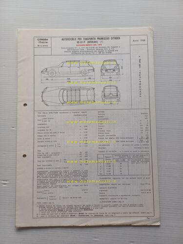Citroen ID 21 F Break 1968 scheda riconoscimento tipo Motorizzazione …