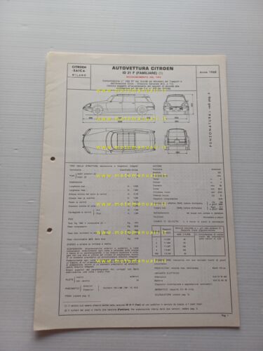 Citroen ID 21 F Familiare 1968 scheda riconoscimento tipo Motorizzazione …