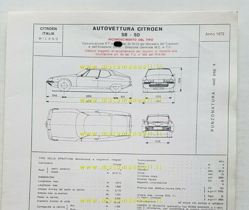 CITROEN SM Maserati SB-SD 1972 scheda riconoscimento tipo Motorizzazione Facsimi