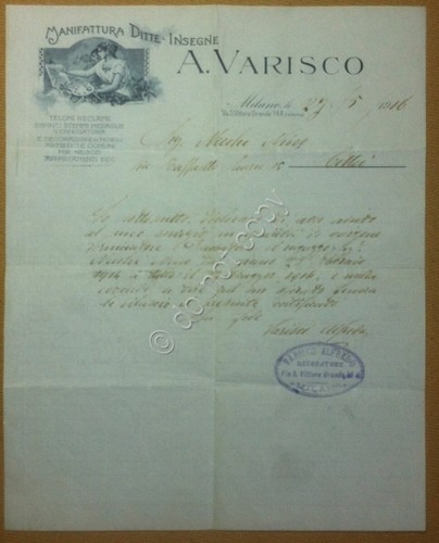 Collezionismo cartaceo - Carta Intestata Manifattura Ditte Insegne Varisco 1916