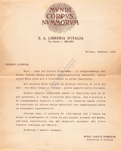 Collezionismo cartaceo Lettera Mundi Corpus Nummorum Libreria Milano 1929