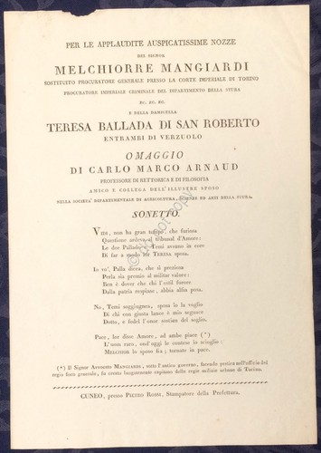 Cuneo primi '800 - Sonetto per le Nozze di Melchiorre …