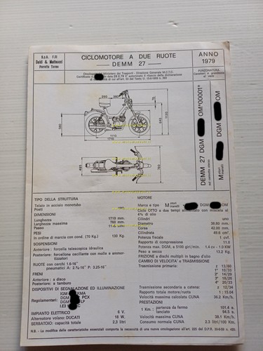 Demm 50 Panther 1979 Facsimile originale scheda omologazione DGM Motorizzaz.