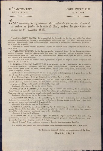Documento Impero Napoleonico - Nomi e descrizione evasi carcere Cuneo …