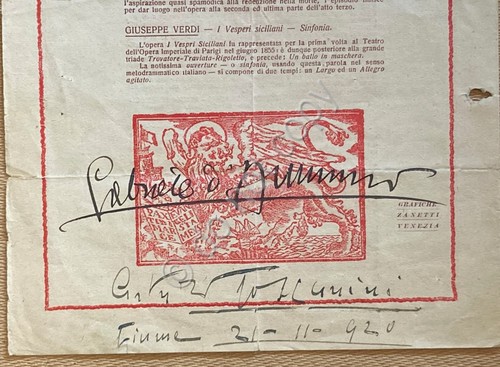 Doppio Autografo Toscanini e D'Annunzio su Programma Concerto Fiume 1920
