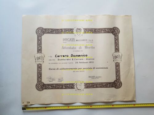 DUCATI attestato 1972 partecipazione corso assistenza originale no depliant