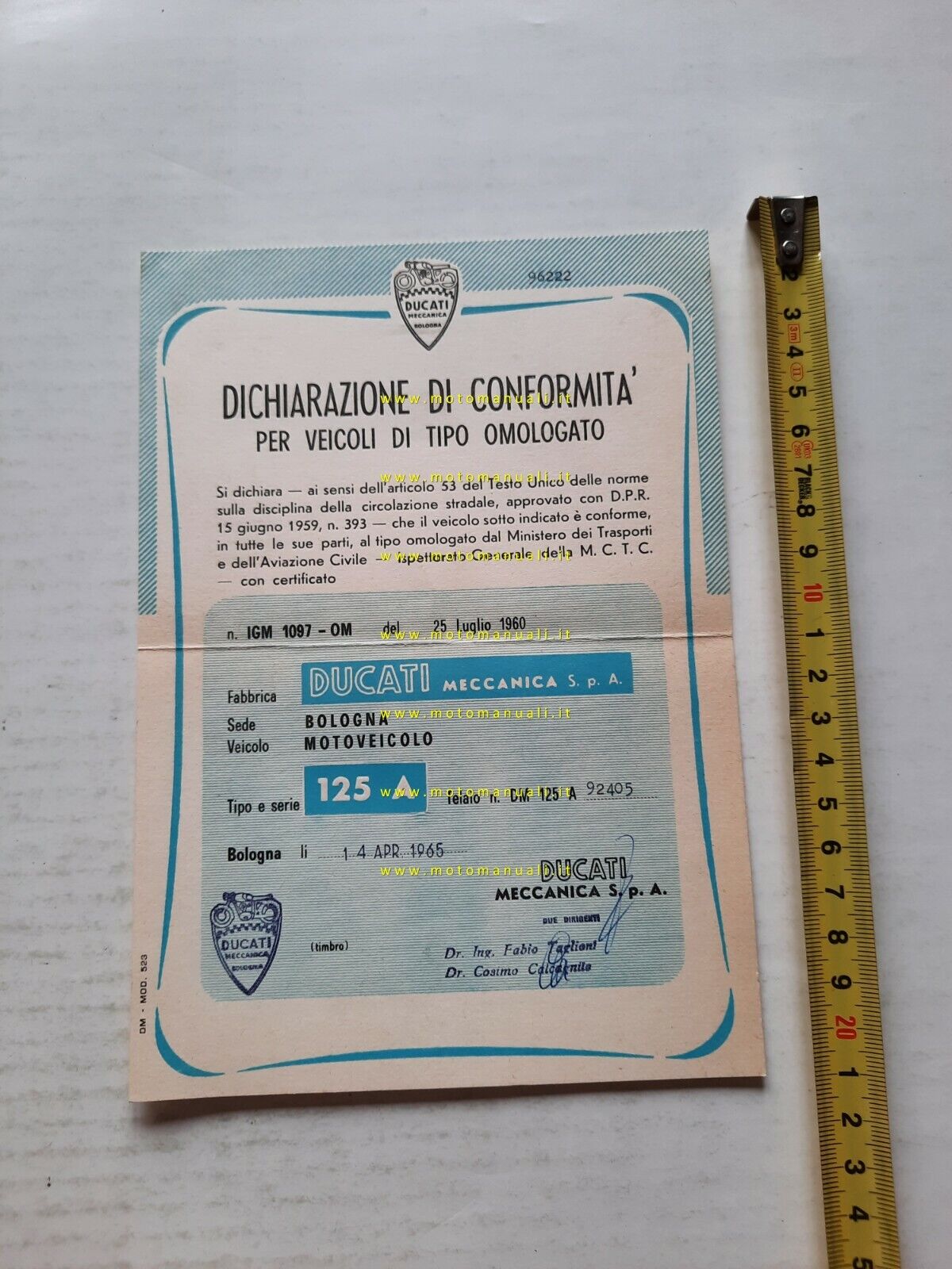 DUCATI Dichiarazione Conformit con Firma Autografa originale Ing. Taglioni 1965