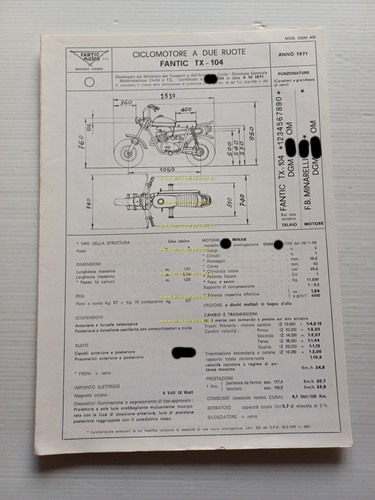 Fantic 50 Diablo Cross TX 104 1971 Facsimile originale scheda …