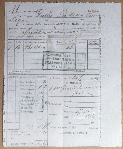 Ferrovie Alta Italia - 1880 - bolletta di spedizione - …