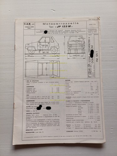 FIAM 125 JP 123 M microauto 1978 Facsimile originale scheda …