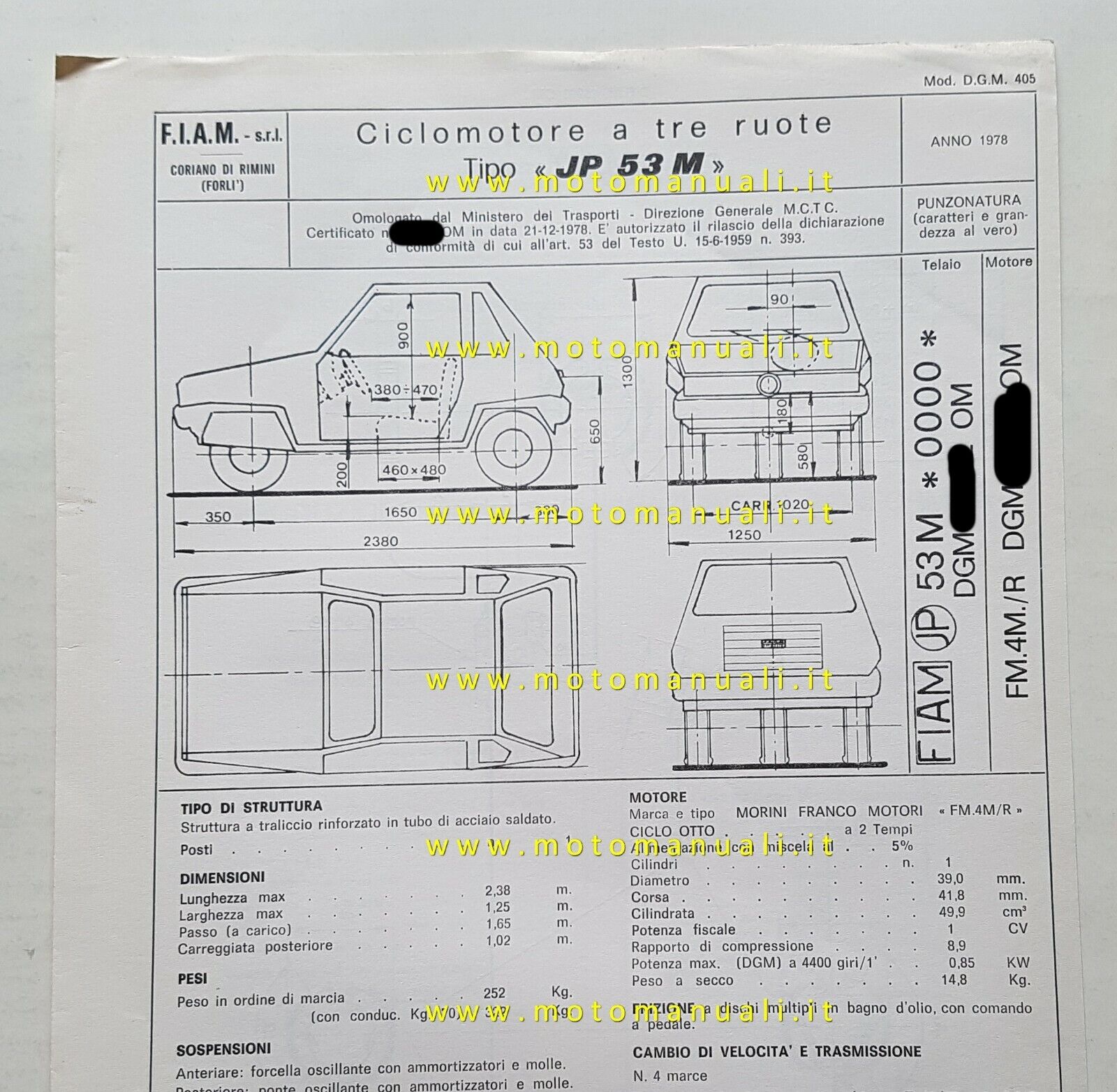 FIAM 50 53M microauto 1978 scheda omologazione DGM originale Motorizzazione