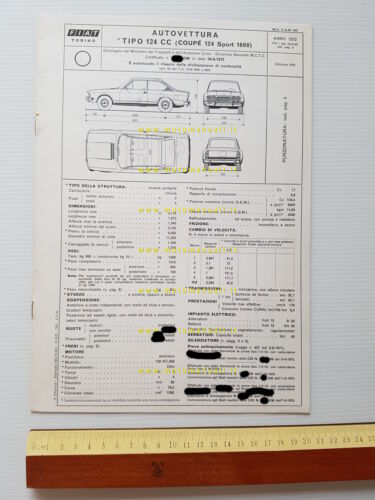 FIAT 124 Coup Sport 1.6 1973 FACSIMILE scheda omologazione DGM …