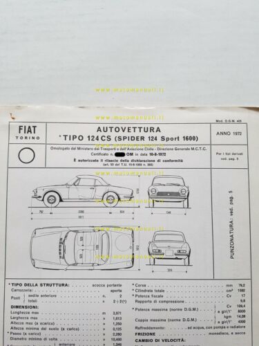 FIAT Spider 124 Sport 1.6 1972 scheda omologazione DGM originale …