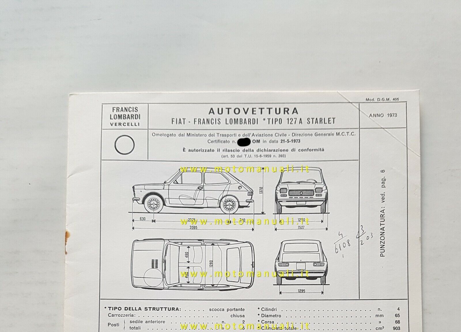 Francis Lombardi Fiat 127 A Starlet 1973 Scheda facsimile omologazione …