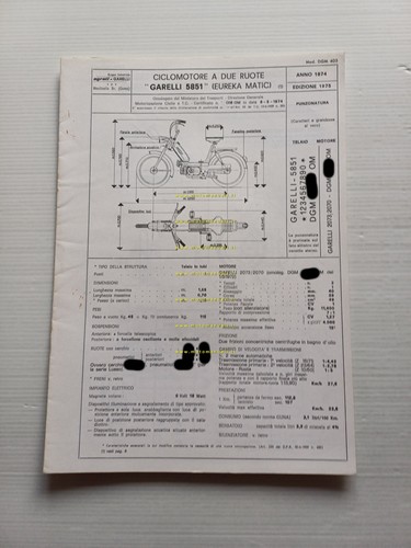 Garelli 50 Eureka Matic 1975 Facsimile originale scheda omologazione DGM
