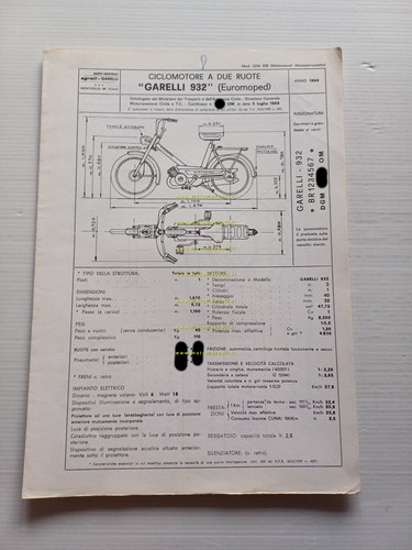 Garelli 50 Euromoped 1968 Facsimile originale scheda omologazione DGM Motorizz.