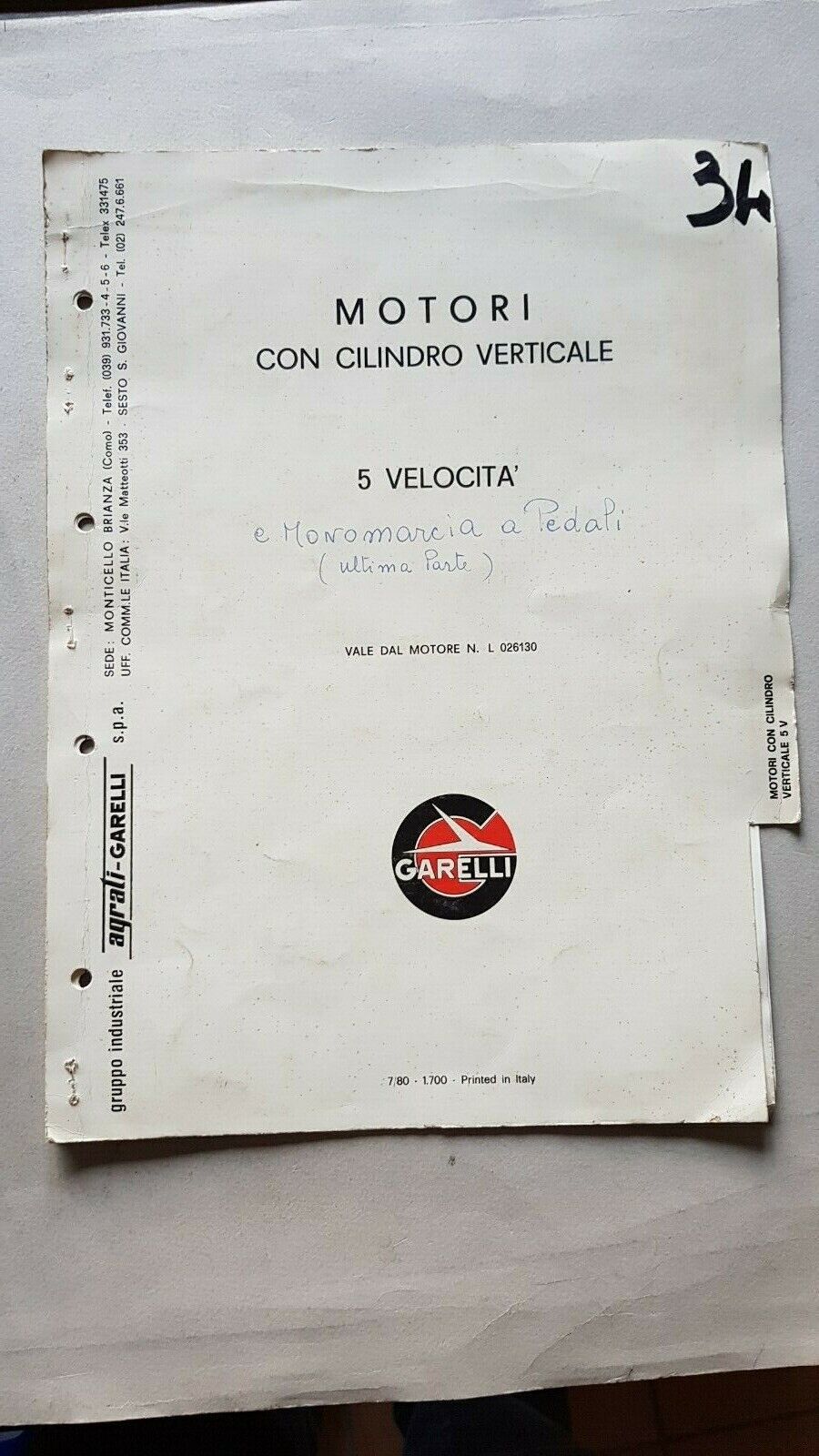 GARELLI catalogo ricambi originale MOTORE 50 5V 1980 spare parts …