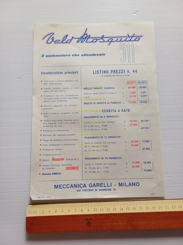 Garelli Velomosquito 511 1955 listino prezzi originale ITALIANO