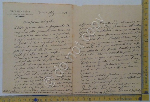 Girolamo Pinna Ispettore scolastico - Lettera autografa - Iglesias 1916