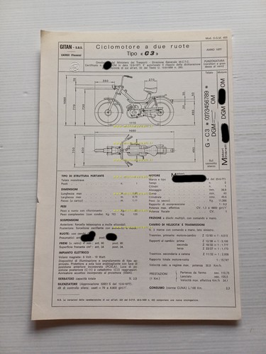 Gitan 50 Carnaby 1977 Facsimile originale scheda omologazione DGM Motorizzazione