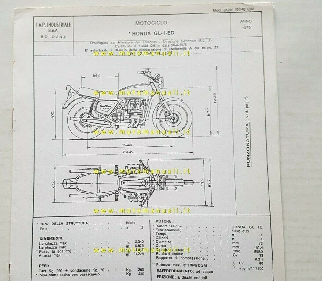 Honda 1000 Gold Wing 1975 scheda omologazione DGM originale Motorizzazione